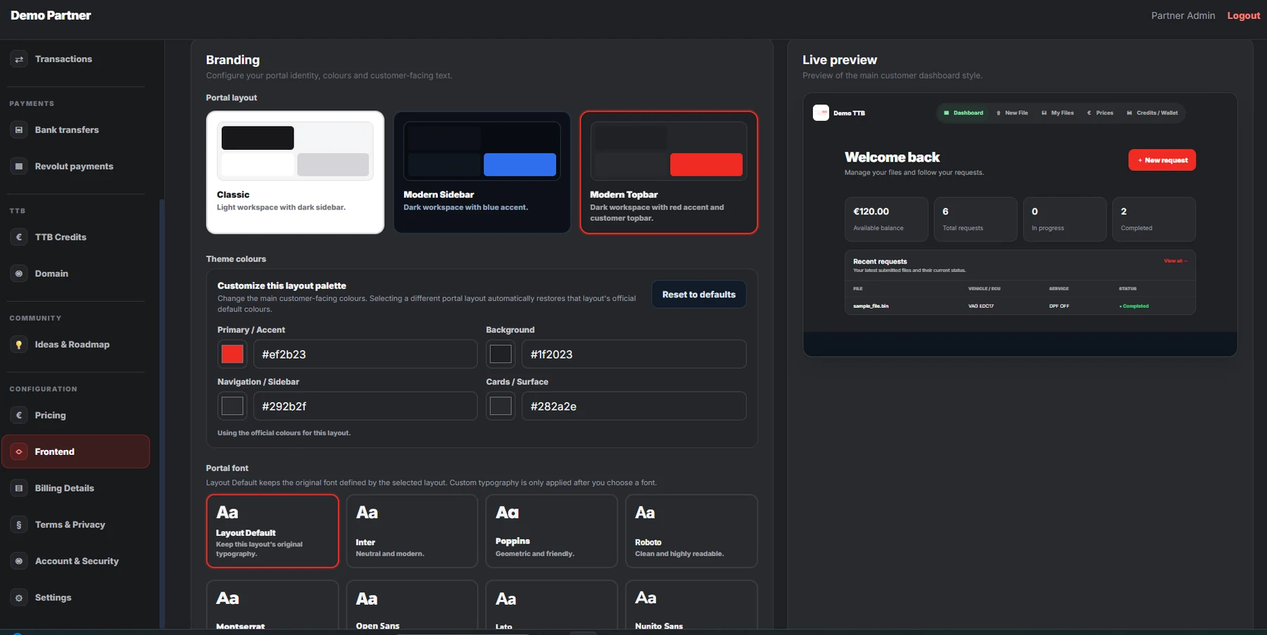 Partner branding configuration preview